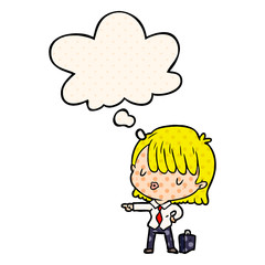 cartoon efficient businesswoman and thought bubble in comic book style