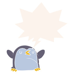 cartoon penguin and speech bubble in retro style