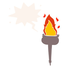 cartoon flaming chalice and speech bubble in retro style