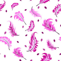 Fototapeta na wymiar Seamless vector pattern with pink feathers on a white background. Wallpaper, fabrics and textile design. Good for print.
