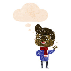 cartoon man laughing and thought bubble in retro textured style