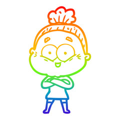 rainbow gradient line drawing cartoon happy old woman