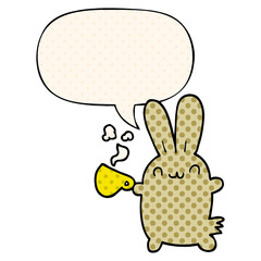 cute cartoon rabbit drinking coffee and speech bubble in comic book style