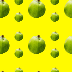 Seamless pattern of green apples on yellow background