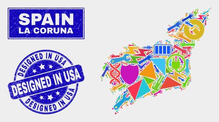 Mosaic service La Coruna Province map and Designed in USA seal. La Coruna Province map collage made with randomized colored equipment, hands, service symbols.