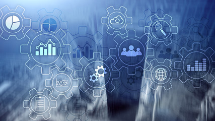 Business process abstract diagram with gears and icons. Workflow and automation technology concept.