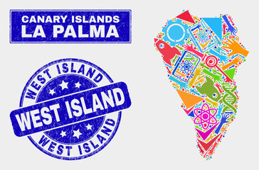 Mosaic technology La Palma Island map and West Island seal stamp. La Palma Island map collage formed with scattered colored equipment, palms, service symbols.