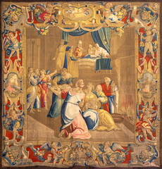 COMO, ITALY - MAY 8, 2015: The tapestry of Nativity of Virin Mary in the Temple in Cathedral (Duomo di Conmo) designed probably by Giovanni Battista Recchi from 17. cent.