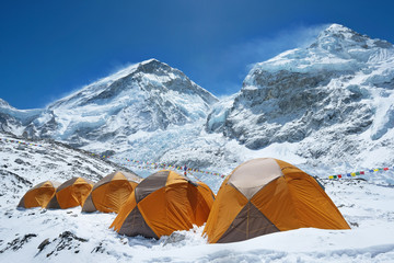 Everest base camp. Mountain peak Everest - highest mountain in the world. National Park, Nepal - obrazy, fototapety, plakaty