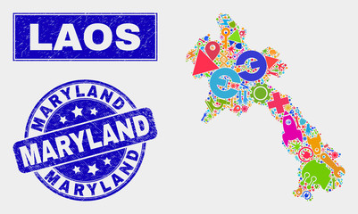 Mosaic technology Laos map and Maryland watermark. Laos map collage made with scattered colored tools, hands, service items. Blue round Maryland watermark with grunge texture.