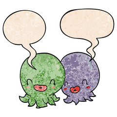 two cartoon octopi  and speech bubble in retro texture style
