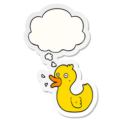 cartoon quacking duck and thought bubble as a printed sticker