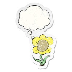 cartoon flower and thought bubble as a distressed worn sticker