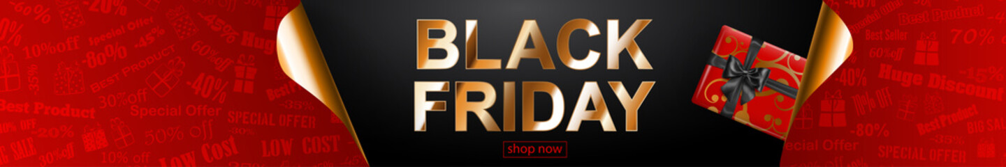 Black Friday sale banner. Golden curled paper corner and places for inscription. Gift boxes, red and yellow pieces of serpentine on dark background. Vector illustration for posters, flyers, cards