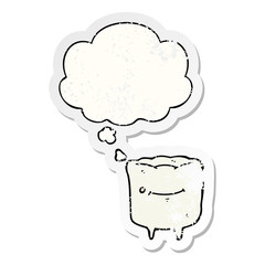 cartoon happy tooth and thought bubble as a distressed worn sticker