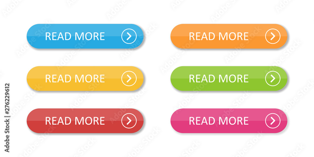 Poster colored flat buttons collection isolated. colorful buttons read more. for web or applications.
