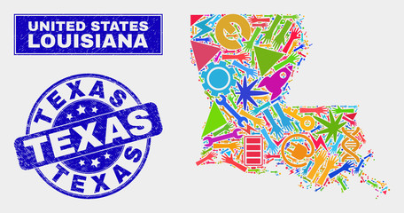 Mosaic service Louisiana State map and Texas seal stamp. Louisiana State map collage formed with random colorful tools, hands, service items. Blue rounded Texas seal with scratched texture.