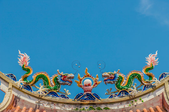 Detail on the roof of Eng Chuan Tong Tan Kongsi clan house in George Town, Penang Island, Malaysia