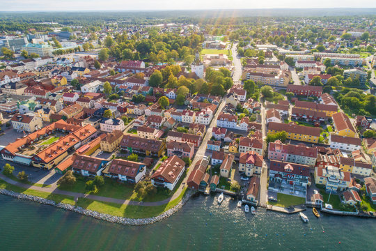 Aerial view of the old city of Vastervik in summer, Vastervik, Kalmar County, Sweden