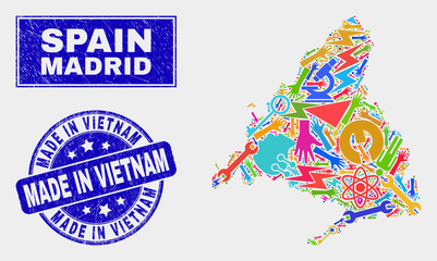 Mosaic service Madrid Province map and Made in Vietnam seal stamp. Madrid Province map collage formed with scattered bright tools, hands, production icons.