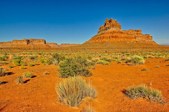 A formation in Valley of the Gods called Battleship Rock, located near the town Mexican Hat, Utah