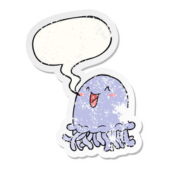 happy cartoon jellyfish and speech bubble distressed sticker