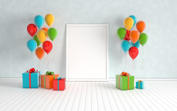 3d render interior with realistic colorful balloons, gift box with ribbon mock up poster in the room. Empty space for party, promotion social media banners, posters.