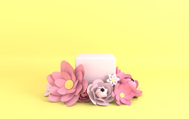 Paper flowers frame, podium platform for product presentation. Summer or spring background. Paper cut 3d render mock up in pastel colors