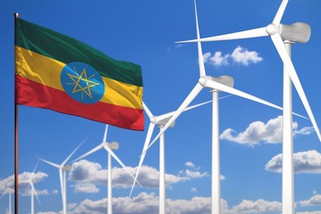 Ethiopia alternative energy, wind energy industrial concept with windmills and flag industrial illustration - renewable alternative energy, 3D illustration