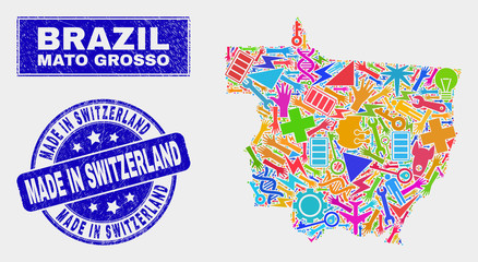 Mosaic service Mato Grosso State map and Made in Switzerland seal stamp. Mato Grosso State map collage composed with scattered colorful tools, hands, security items.
