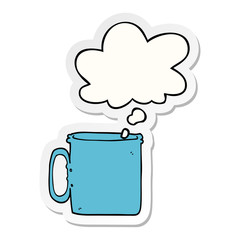 cartoon camping cup of coffee and thought bubble as a printed sticker