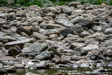 Large stones on the banks of a mountain river.