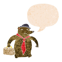 cartoon business bear and speech bubble in retro textured style