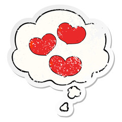 cartoon love hearts and thought bubble as a distressed worn sticker
