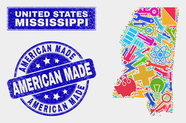 Mosaic service Mississippi State map and American Made seal. Mississippi State map collage made with random colorful tools, palms, service items. Blue round American Made seal with unclean texture.