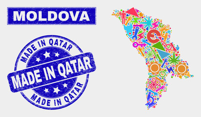 Mosaic service Moldova map and Made in Qatar seal. Moldova map collage formed with random colorful tools, palms, industry elements. Blue round Made in Qatar seal stamp with distress texture.