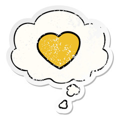 cartoon love heart and thought bubble as a distressed worn sticker