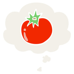 cartoon tomato and thought bubble in retro style