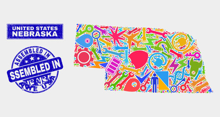 Mosaic tools Nebraska State map and Assembled in the USA seal. Nebraska State map collage composed with random bright tools, hands, industrial icons.