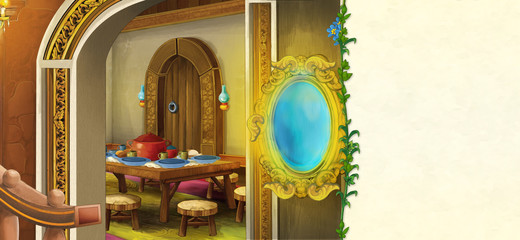 cartoon scene with old traditional kitchen and magical mirror - with frame and space for text - illustration for children
