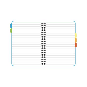 Open spiral notebook in flat design. Lined notebook with subject dividers isolated on white background. School concept