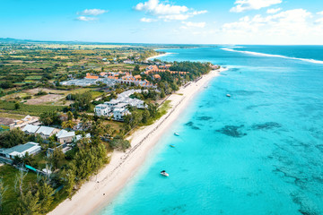Aearial view of Belle Mare beaches, Mauritius.