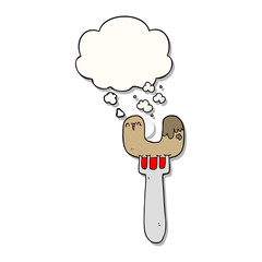 cartoon sausage on fork and thought bubble as a printed sticker