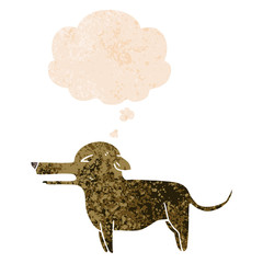 cartoon dog and thought bubble in retro textured style