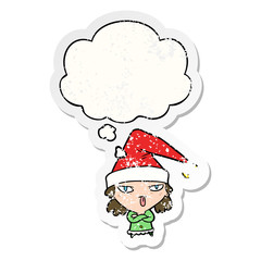 cartoon girl wearing christmas hat and thought bubble as a distressed worn sticker