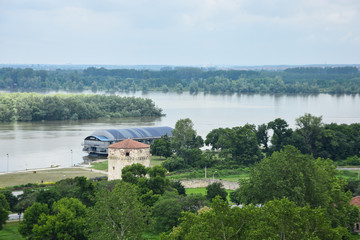 Fototapeta na wymiar Confluence of two main river. Danube and Sava river. 