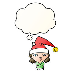 cartoon girl wearing christmas hat and thought bubble in smooth gradient style
