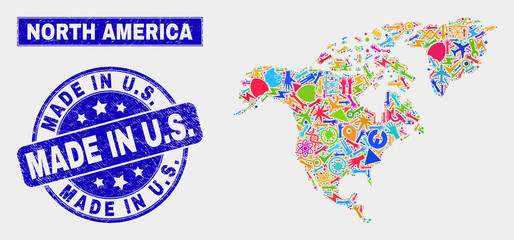 Mosaic service North America map and Made in U.S. seal stamp. North America map collage designed with randomized colored equipment, palms, service items. Blue rounded Made in U.S.
