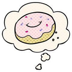 cartoon donut and thought bubble in comic book style