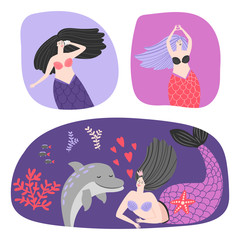 Cute illustrations with mermaids, dolphin and seaweeds, vector illustration